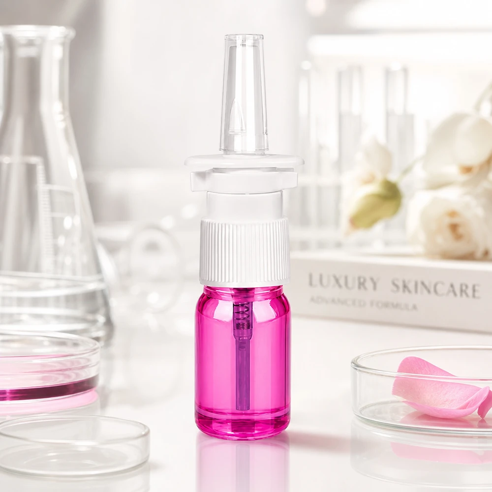 5 ml næsesprayflaske hvid/transparent standard PurpleLine UT18/5 Kompakt 5 ml næsesprayflaske med hvid pumpesprøjte og violet gennemsigtig flaskekrop