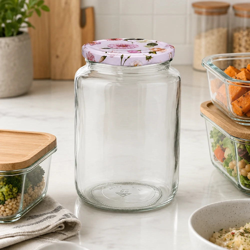 795 ml rund krukke + BasicSeal låg, lyserød UNiTWIST 795 ml rund krukke tom med pink blomsterlåg BasicSeal mellem fyldte opbevaringsbeholdere på hvid køkkenbordplade