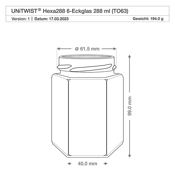 UNiTWIST Hexa288 - 6-hjørnet krukke med en kapacitet på 288 ml TO63 UNiTWIST Hexa288 6-hjørne glas 288ml TO63 Teknisk tegning med mål Diameter 61,5mm Højde 99mm Vægt 194g