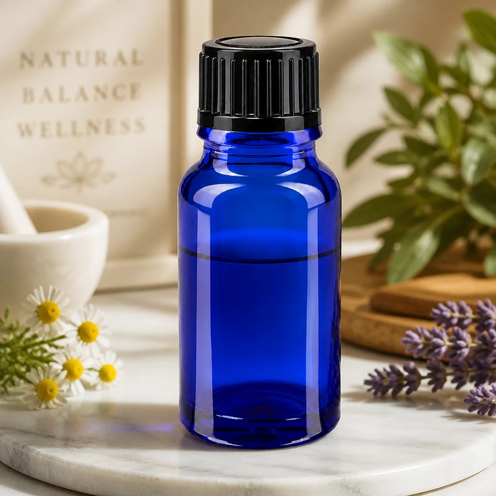 Apotekerflaske, 10 ml, blå, lysbeskyttet, med sort 11 mm-lukke til naturkosmetik