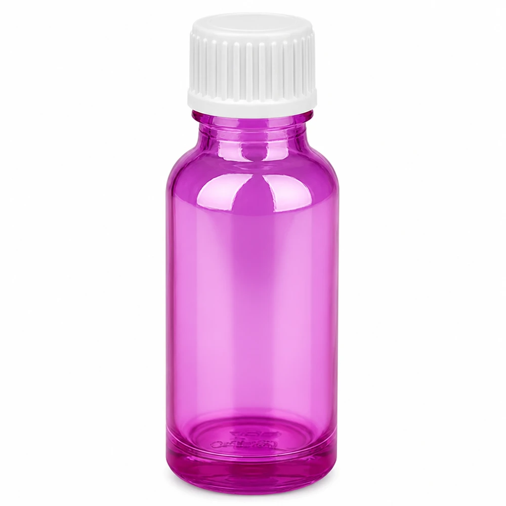 20 ml dråbeflaske 0,9 mm hvid standard PurpleLine. UT18/20 20 ml dråbeflaske i lilla med hvid hætte 0,9 mm åbning til præcis dosering