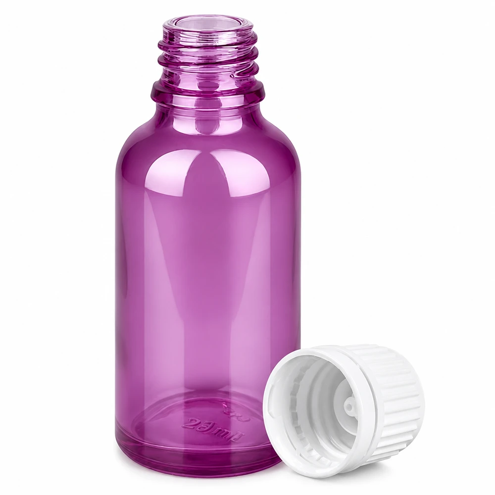 30 ml violet dråbeflaske med hvid hætte, ideel til aromaterapi og naturkosmetik