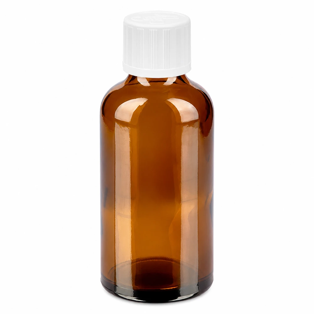 50 ml flaske 11 mm SV m. STD KiSi BrownLine UT18/50 50 ml ravfarvet glasflaske med hvidt skruelåg til medicin og kosmetik
