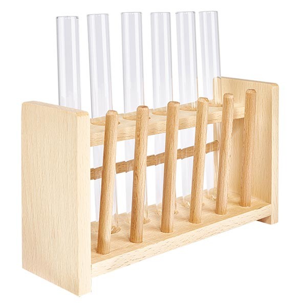 Reagensglasstativ i træ med 6 reagensglas plus sodakalk 160x16