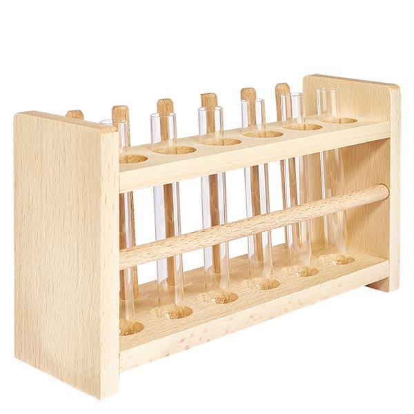 Reagensglasholder i træ med 6 reagensglas plus sodakalk 100x12 Reagensglasholder i træ med 6 reagensglas plus sodakalk 100x12