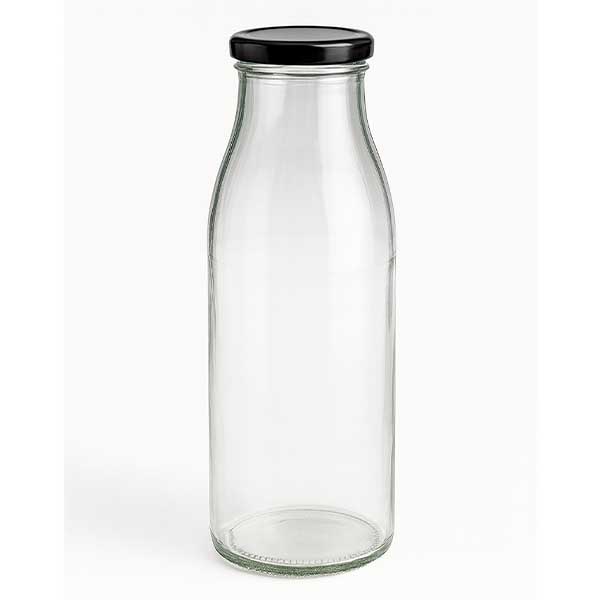 500 ml glasflaske + BasicSeal-låg sort UNiTWIST. Absolut lækagesikker med stort TO48-låg. Til mælk, juice og limonade.