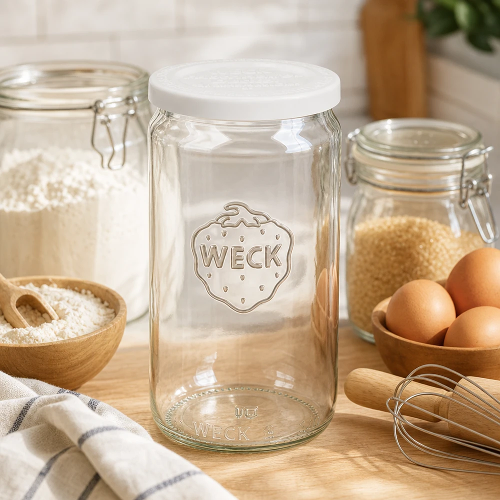 340 ml cylindrisk krukke med friskhedslåg WECK RR60 WECK 340 ml cylinderkrukke tom med hvidt RR60-låg i bagekøkkenet med æg, mel og køkkenredskaber i træ