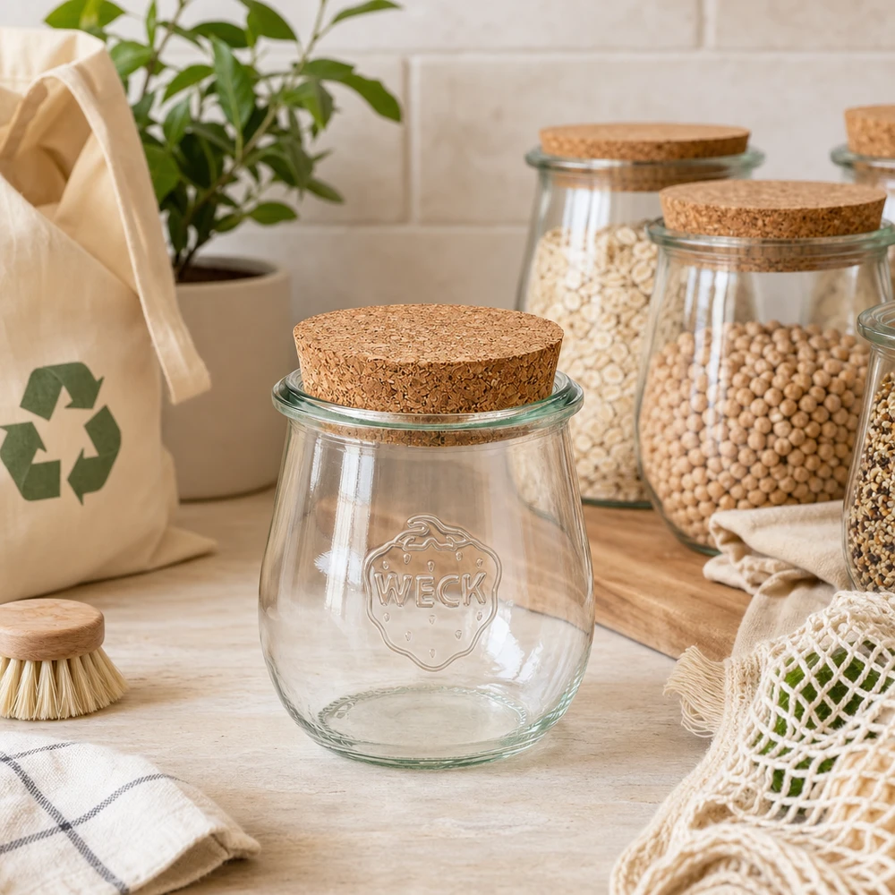 220 ml tulipankrukke WECK RR60 med kork natur WECK tulipankrukke RR60 220 ml tom med korklåg i bæredygtigt nul-affaldskøkken ved siden af opbevaringsglas med bælgfrugter
