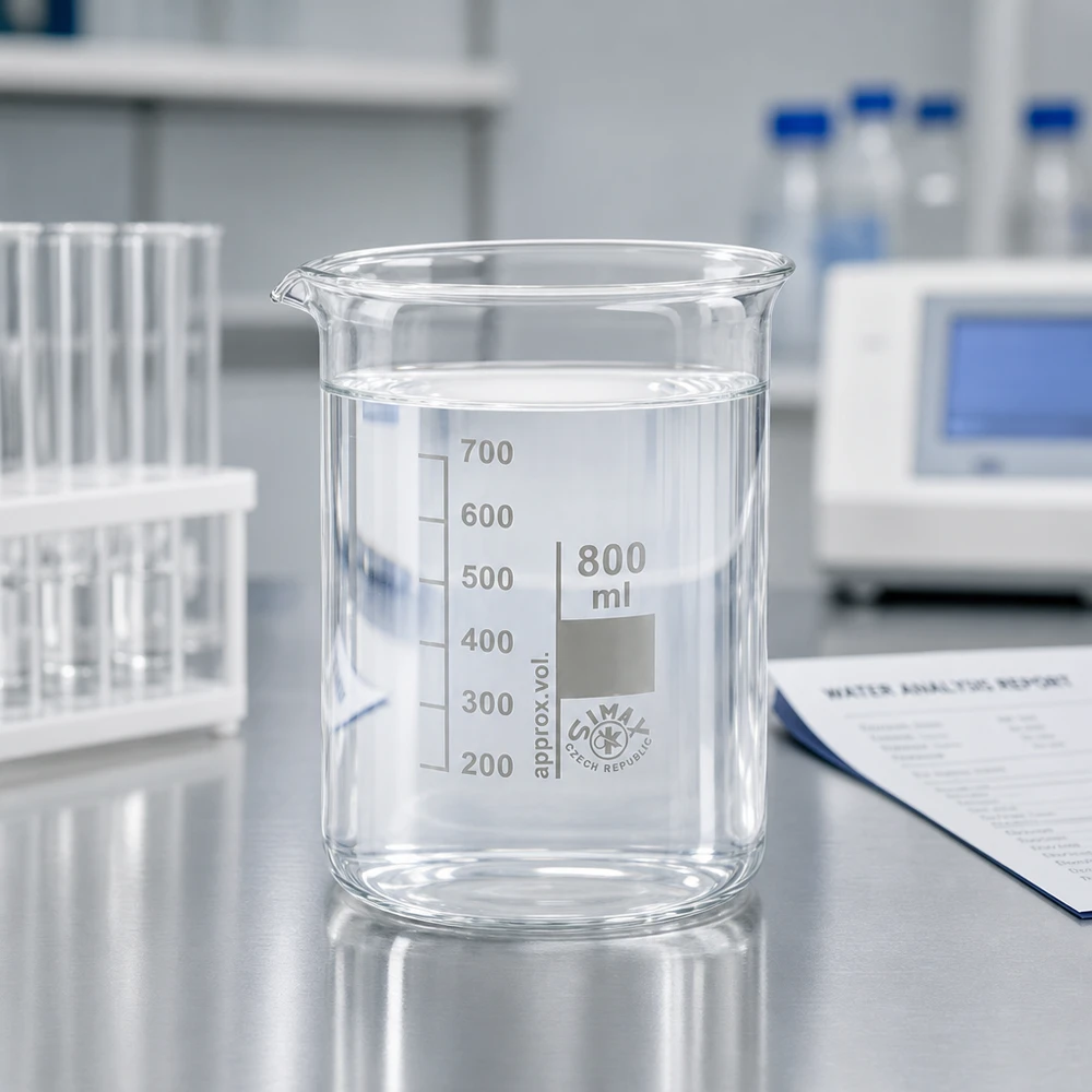 Bægerglas 800 ml borosilikatglas, lav form Borosilikatglasbæger 800 ml lav form med tud til professionelle kemilaboratorier
