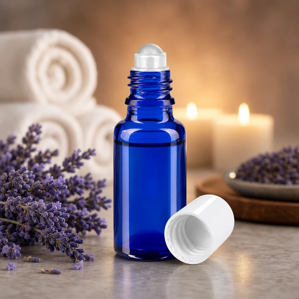 Apoteksflaske blå 20 ml roll-on-hætte hvid Blå 20 ml apotekerflaske af glas med en rullekugle af rustfrit stål ved siden af lavendelblomster og stearinlys