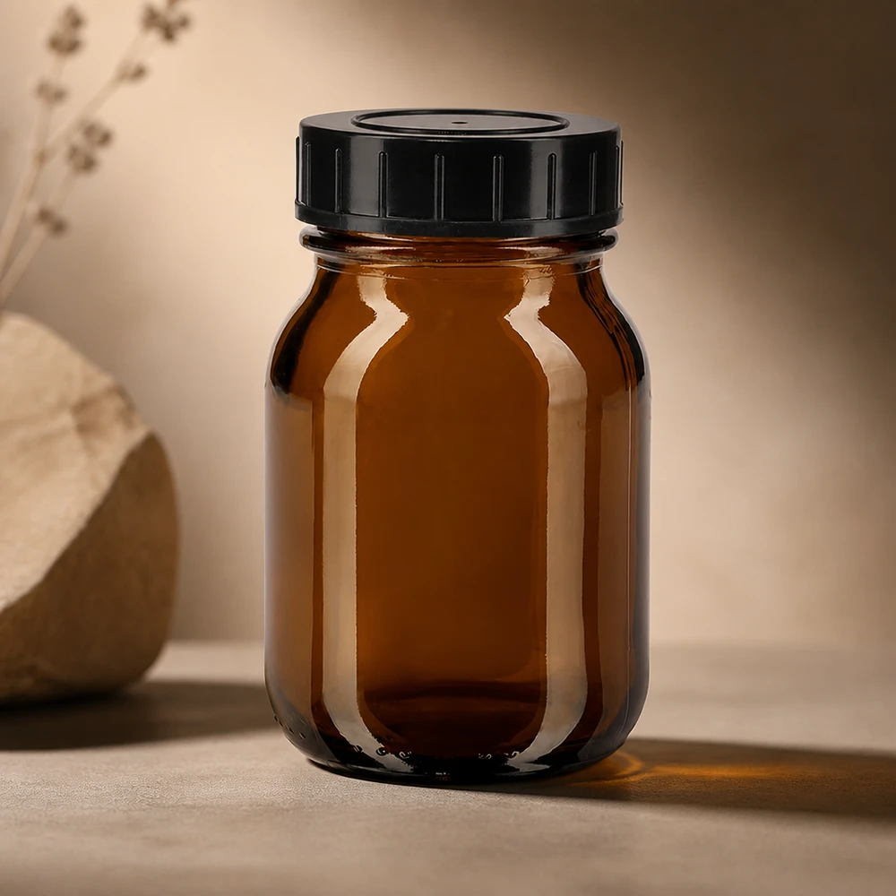 75 ml flaske med bred hals i ravfarvet glas med skruelåg 75 ml ravfarvet glasflaske af høj kvalitet med skruelåg til optimal opbevaring af kosttilskud