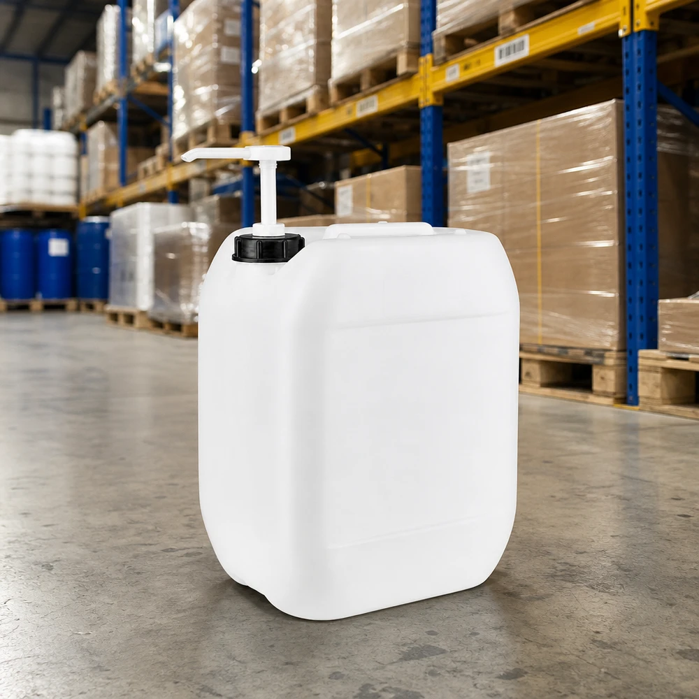 Beholder 10 liter med doseringspumpe Robust 10-liters dunk med doseringspumpe på betongulvet i et professionelt lager
