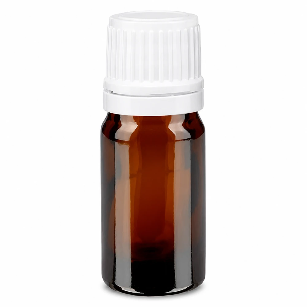 Apoteksflaske brun 5ml skruelåg hvid OV 5 ml brun apotekerflaske af ravfarvet glas med hvid skruelåg, 11 mm
