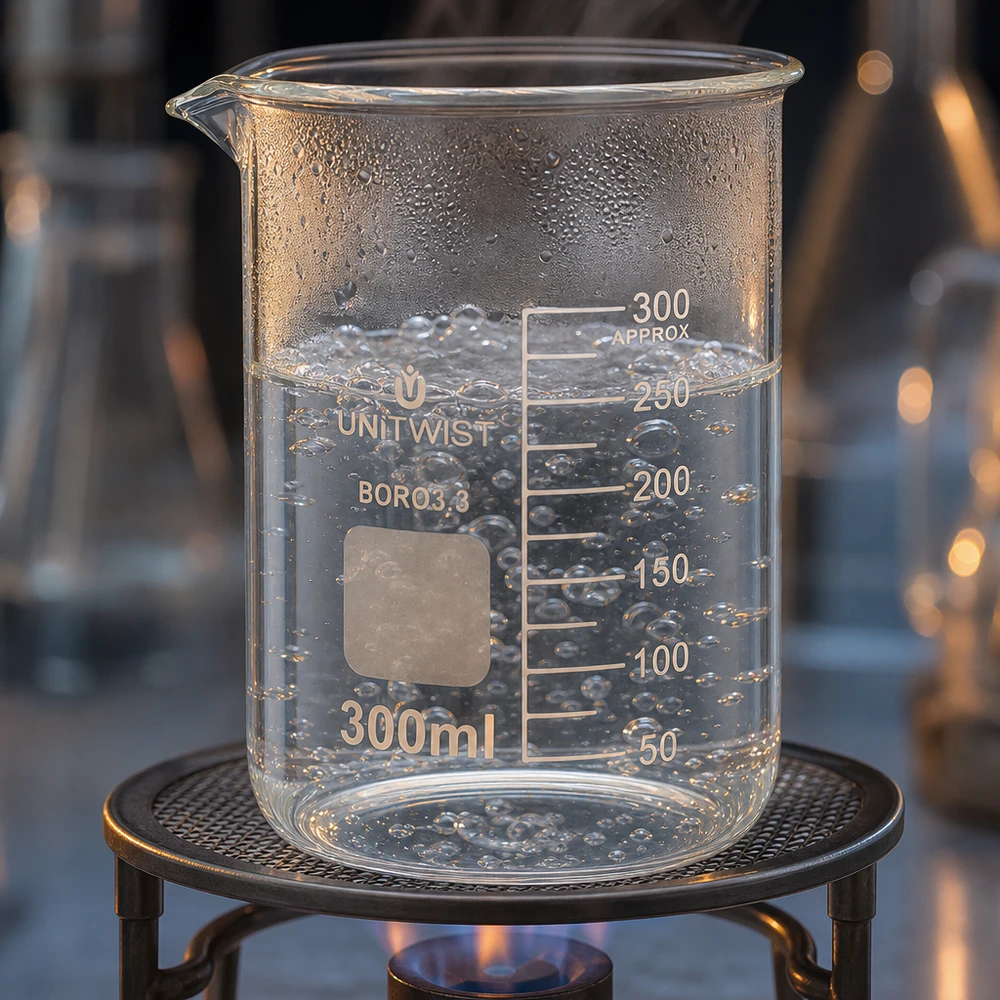 Bæger 300 ml borosilikat, lav form UNiTWIST 300 ml bægerglas over en bunsenbrænder med kogende vand og dannelse af bobler fra UNiTWIST