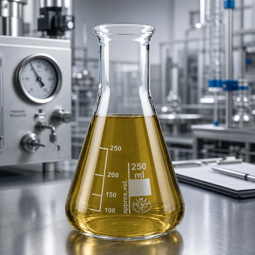 Erlenmeyer-kolbe 250 ml med smal hals Varmebestandig 250 ml Erlenmeyer-kolbe af borosilikatglas med gul væske i et moderne laboratoriedesign