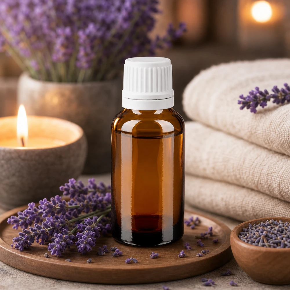 Brun 20 ml glasflaske med børnesikret hvid prop til aromaterapi og naturkosmetik