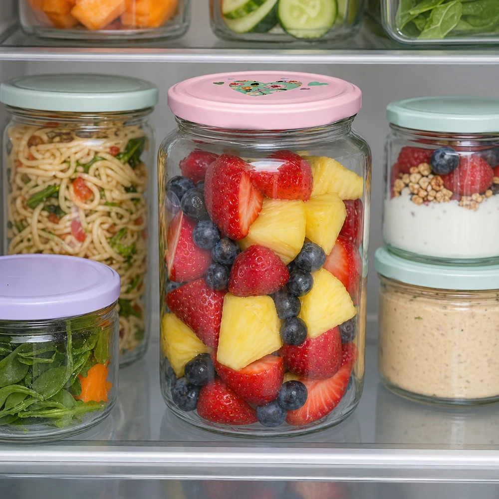 795 ml rund krukke + BasicSeal låg, lyserødt hjerte, UNiTWIST Rundglas 795ml mit rosa Herzdeckel gefüllt mit Obstsalat im Kühlschrank neben anderen Vorratsgläsern mit Salat und Nudel