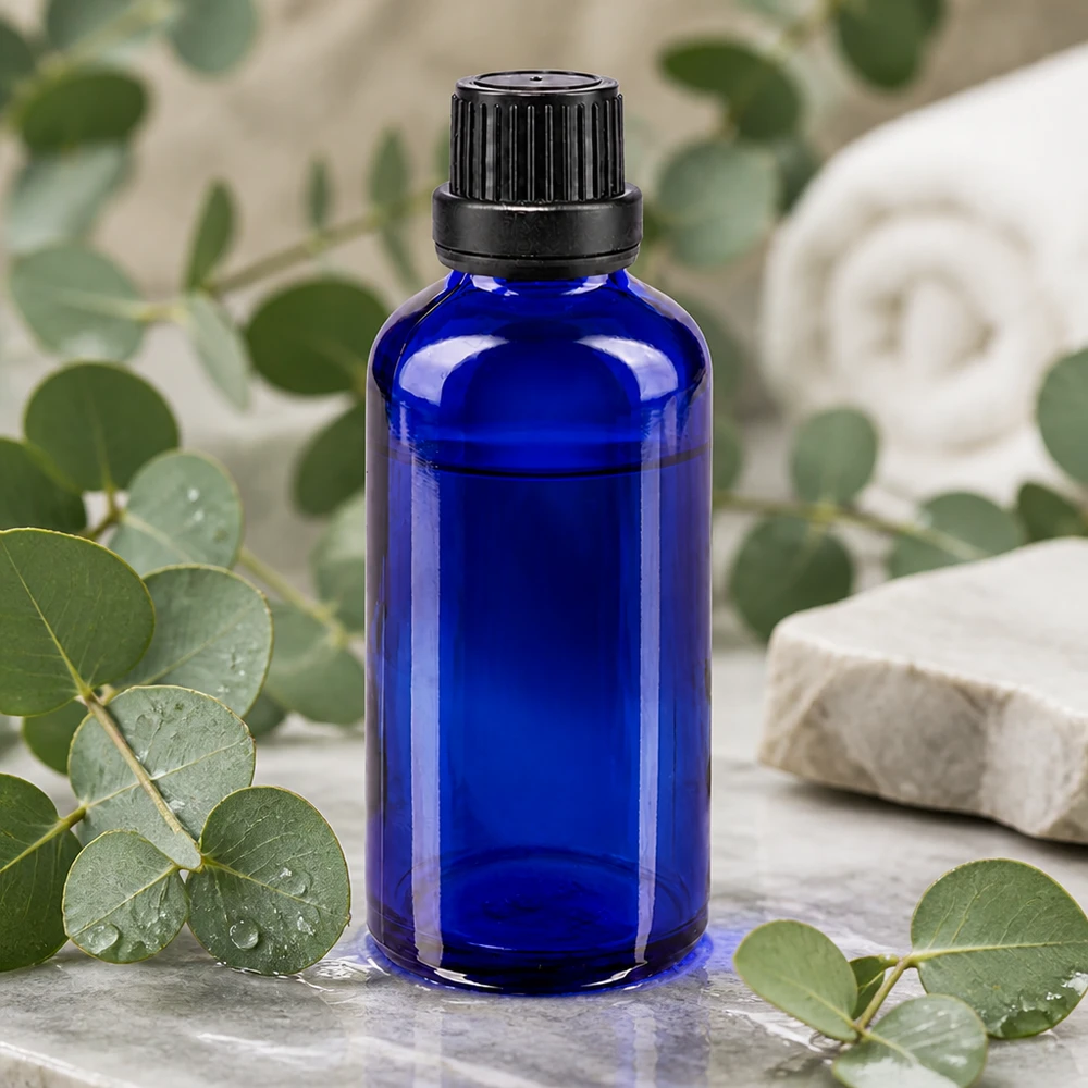 Koboltblå 50 ml apotekerflaske med sort OV-skruelåg mellem eukalyptusgrene