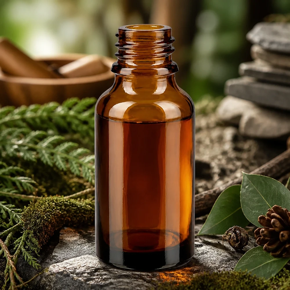 30 ml brun ApoGlas-flaske i naturlige skovomgivelser med mos, bregner og kogler til naturopati
