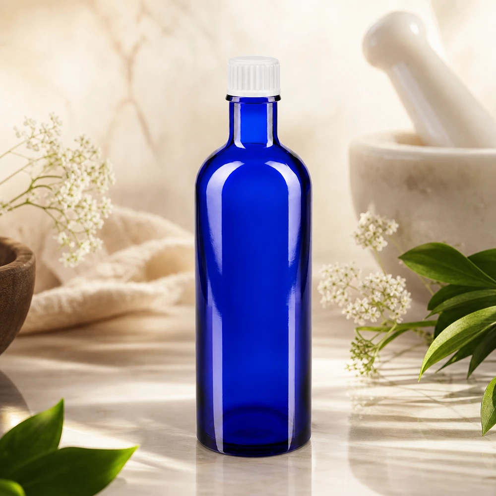 Apoteksflaske blå 200 ml skruelåg hvid pc Blå apotekerflaske på 200 ml med hvid skruelåg mellem lægeurter og morter