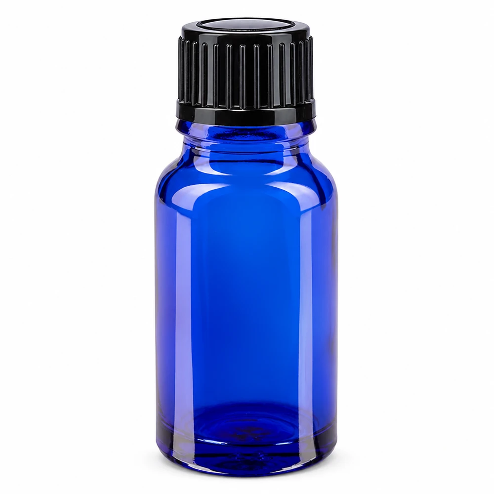 10 ml blå apotekerflaske af glas med sort skruelåg, 11 mm standard