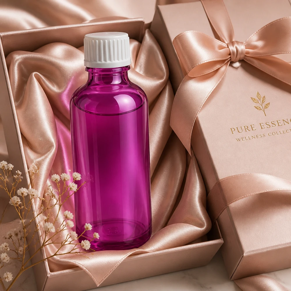 50 ml dråbeflaske 0,9 mm hvid standard PurpleLine. UT18/50 Kompakt 50 ml dråbeflaske i elegant lilla med præcis 0,9 mm dispensertud til wellness-produkter