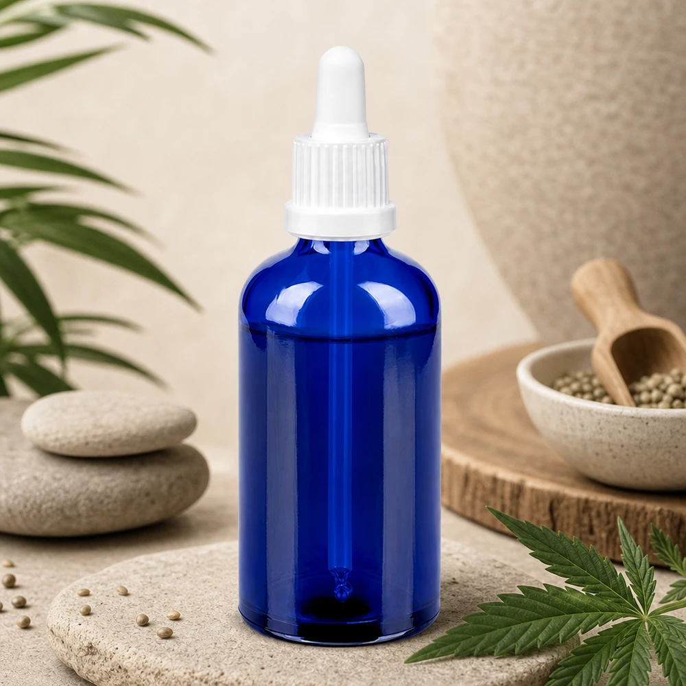 100 ml blå glasflaske med hvid pipette, ideel til CBD-olie og tinkturer BlueLine UT18/100