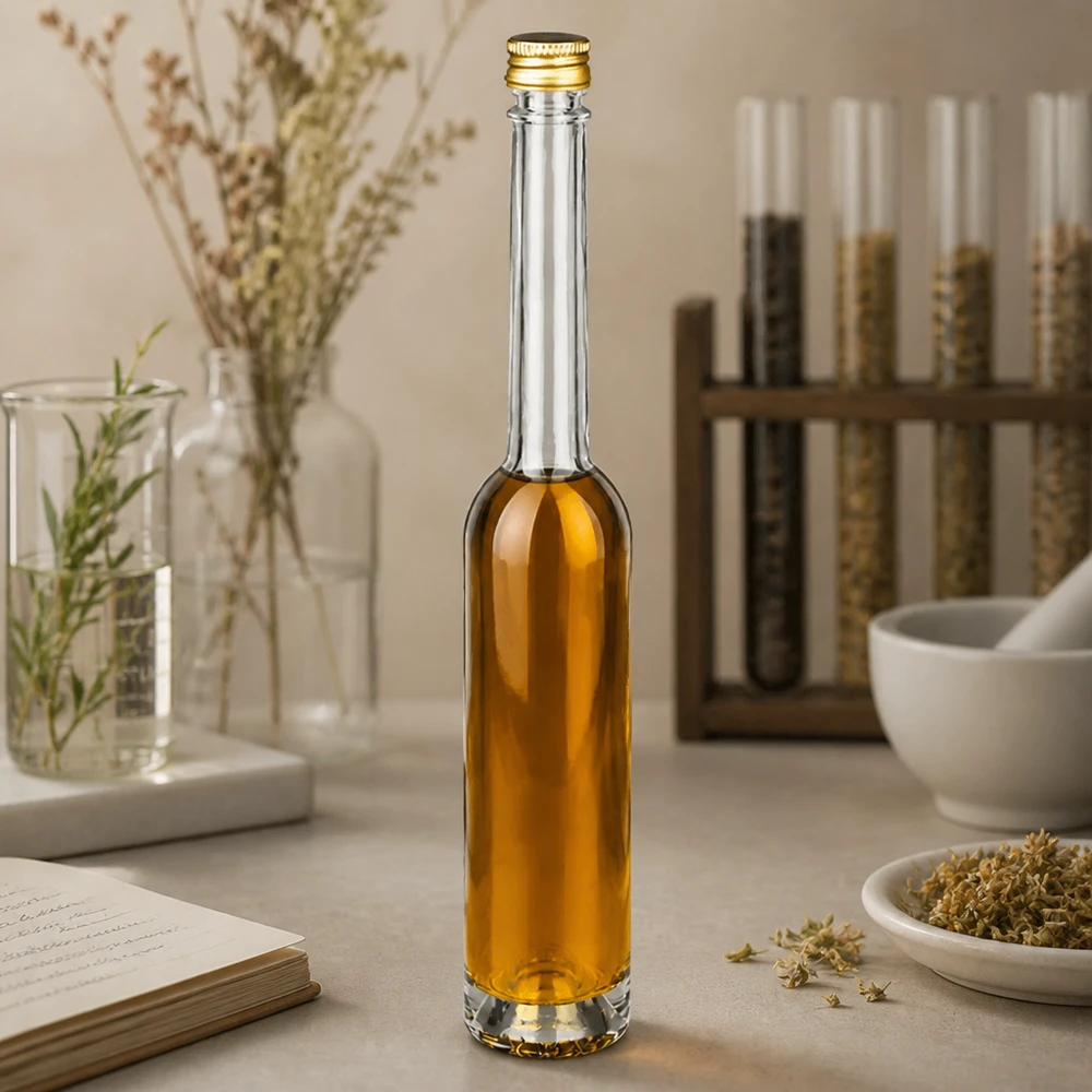 100 ml glasflaske »Toni« og skruelåg sølv UNiTWIST® 100ml Glasflasche Toni mit bernsteinfarbener Flüssigkeit in apotheker-inspiriertem Ambiente - UNiTWIST Goldverschluss