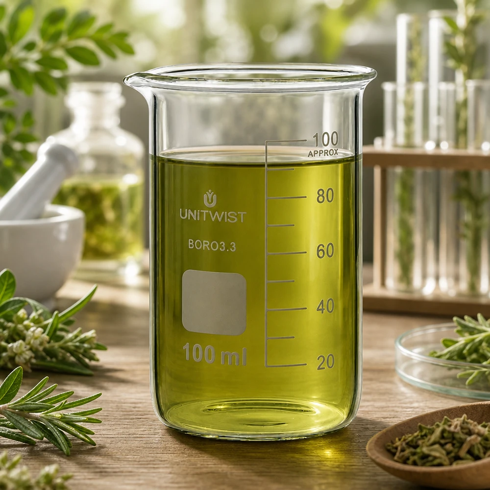 Bæger 100 ml borosilikat, høj form UNITWIST UNITWIST bægerglas 100 ml, høj model, borosilikatglas med grøn urteolie omgivet af friske lægeurter