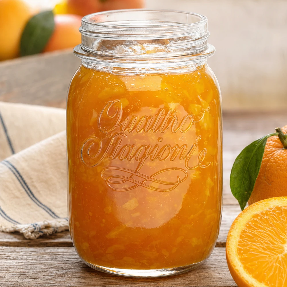 500 ml husholdningsglas "Quattro Stagioni" 500 ml Quattro Stagioni husholdningsglas fyldt med appelsinmarmelade ved siden af friske appelsiner på træbord