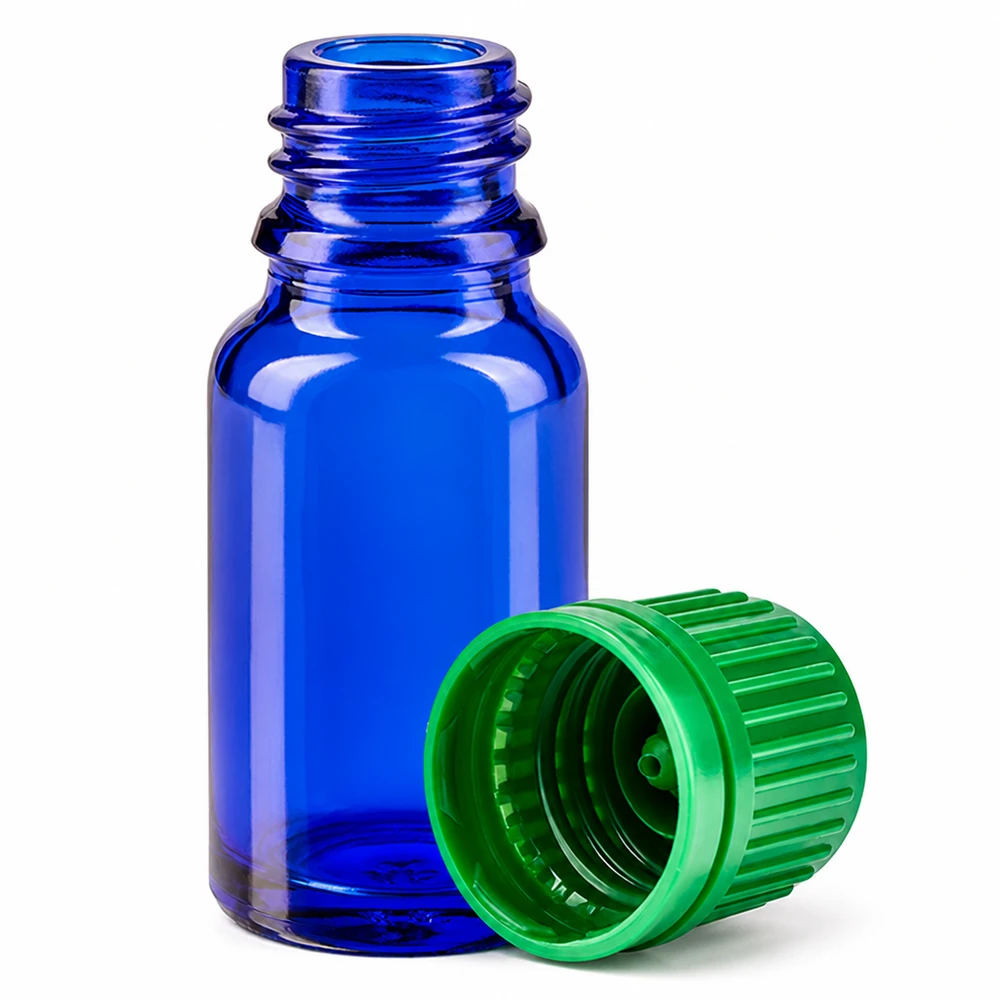 10 ml flaske 11 mm SV grøn OV BlueLine UT18/10 Lille 10 ml koboltblå glasflaske med grøn hætte til aromaterapi og naturkosmetik