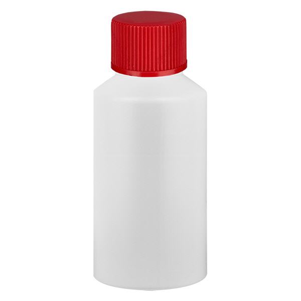 Apoteksflaske HDPE 50ml hvid, med rød SV Apoteksflaske HDPE 50ml hvid, med rød SV