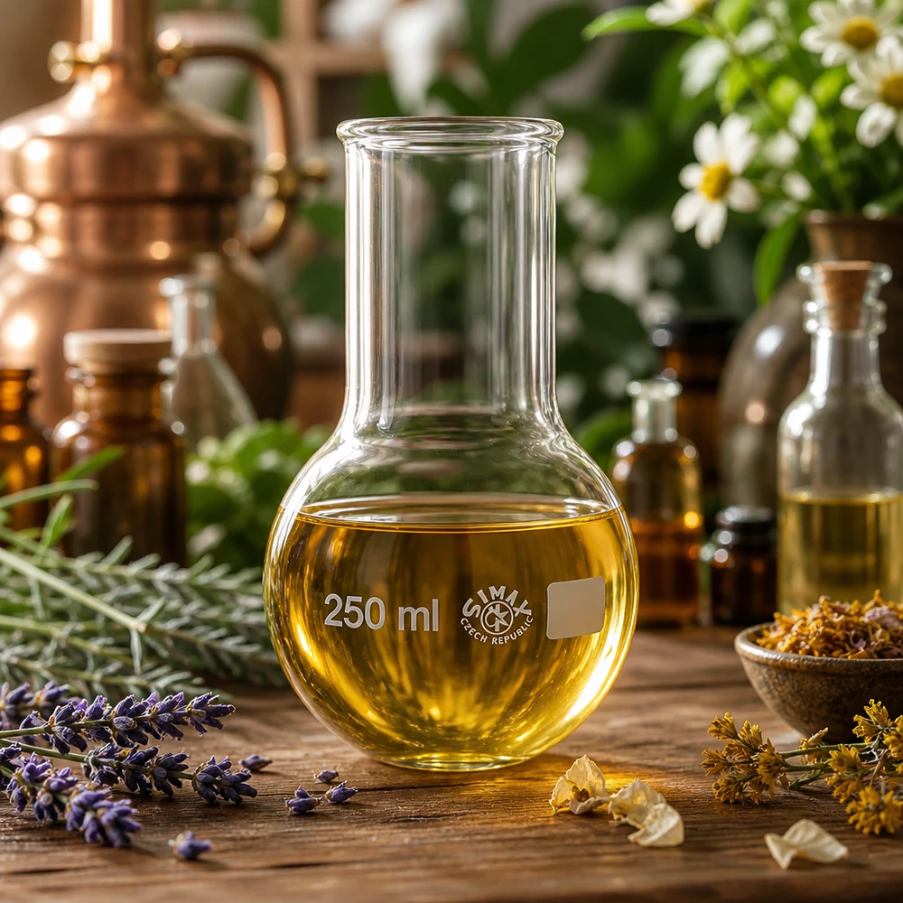 Kolbe med rund bund og bred hals 250 ml Gennemsigtig kolbe med rund bund og bred hals på 250 ml, ideel til destillation og ekstraktion i laboratorier