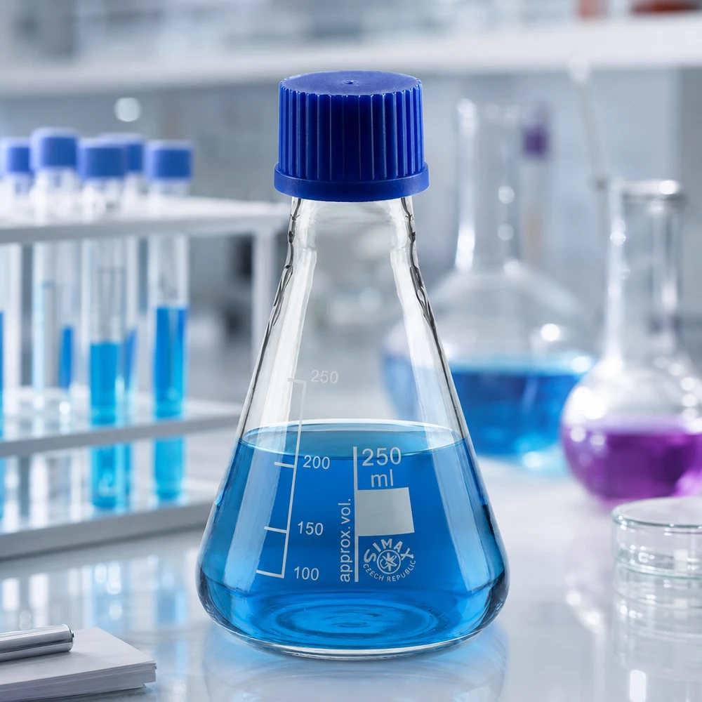 Erlenmeyer-kolbe 250 ml med skruelåg Erlenmeyer-kolbe 250 ml med skruelåg - praktisk laboratorieudstyr til sikker opbevaring