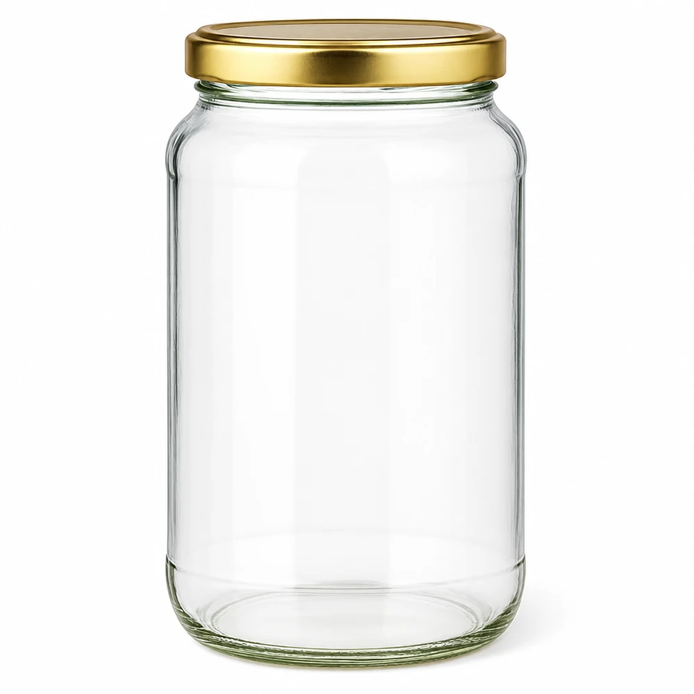 1700 ml rund krukke med BasicSeal-låg i guld UNiTWIST 1700 ml rund krukke med gyldent BasicSeal UNiTWIST-låg - tom konserveringskrukke af klart glas til konservering