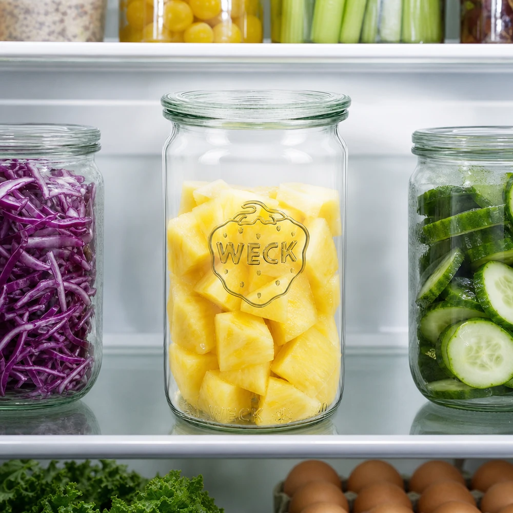 340 ml cylinderglas med glaslåg WECK RR60 WECK 340 ml cylinderglas RR60 i køleskabet fyldt med ananas ved siden af rødkål og agurk til måltidsforberedelse