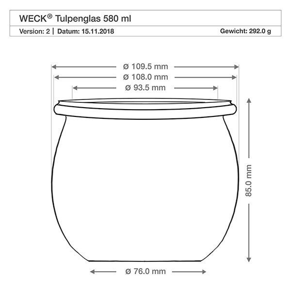580 ml tulipankrukke WECK RR100 med kork natur Teknisk tegning WECK tulipankrukke 580ml RR100 med mål Diameter Højde Vægt Produktspecifikation