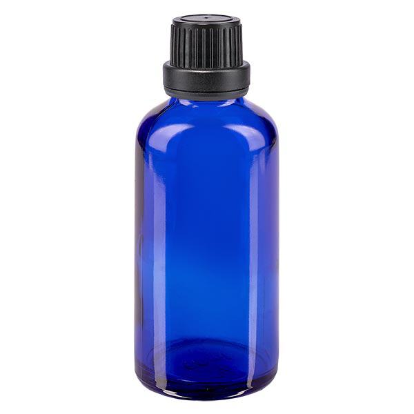 Apoteksflaske blå 50 ml skruelåg sort tæt OV Apoteksflaske blå 50 ml skruelåg sort tæt OV