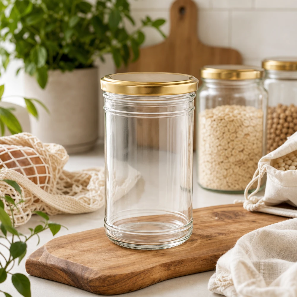 1053 ml Briller med BasicSeal-låg guld UNiTWIST Tom 1053 ml glaskrukke med guldlåg på træplade i bæredygtigt zero-waste-køkken med opbevaringskrukker