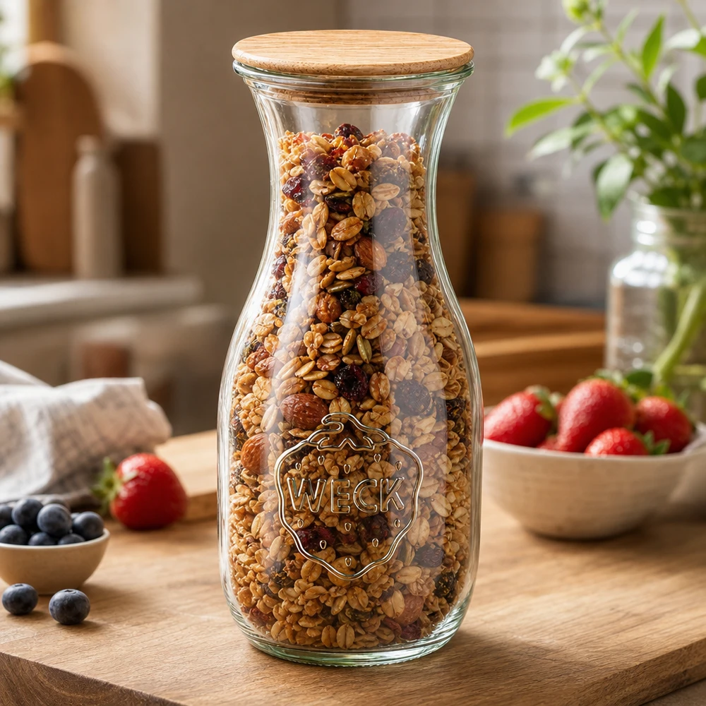 530 ml juiceflaske WECK RR60 med trælåg WECK juiceflaske 530ml RR60 fyldt med müsli og nødder som opbevaringskrukke med trælåg på træplade