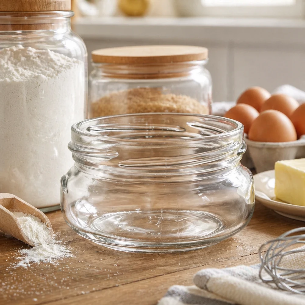 UNiTWIST Terrina120 - Terrinkrukke 120ml TO70 UNiTWIST Terrina120 terrinkrukke 120ml TO70 tom på træplade i køkken med bageingredienser og opbevaringsglas