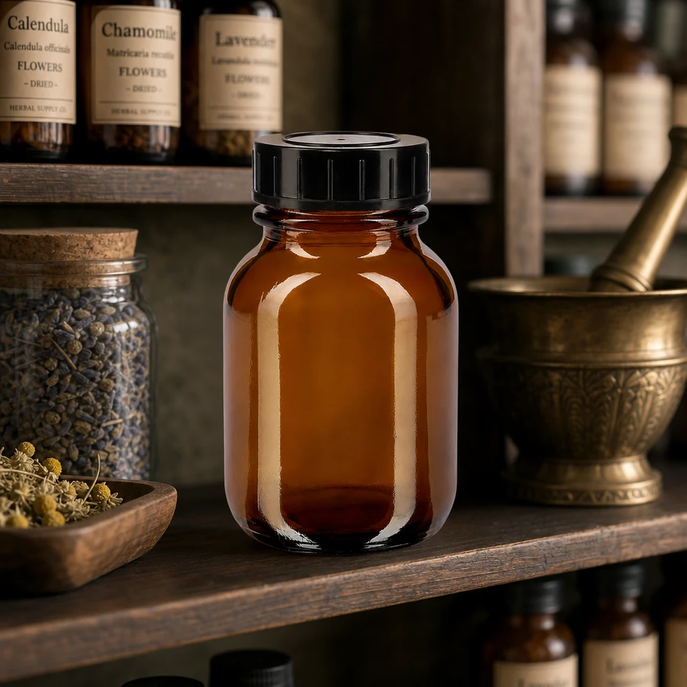 50 ml flaske med bred hals i ravfarvet glas med skruelåg 50 ml ravfarvet glasflaske af høj kvalitet med bred halsprofil til farmaceutiske og kosmetiske anvendelser