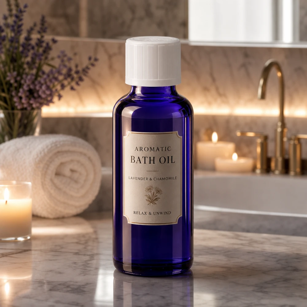 Blå 30 ml apotekerflaske til badeolie med lavendel og kamille i badeværelsesmiljøet