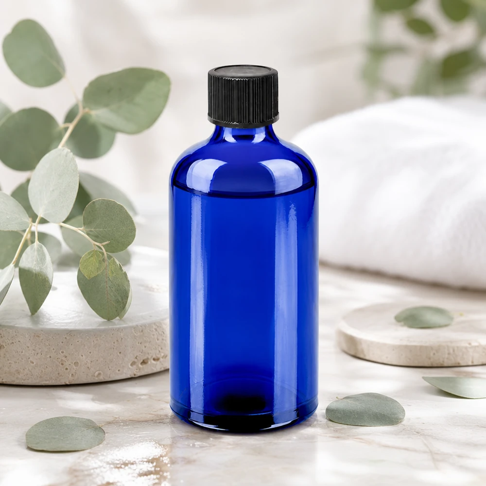 100 ml dråbeflaske 1 mm sort STD BlueLine UT18/100 Blå glasflaske i høj kvalitet, 100 ml, med præcis 1 mm dråbeindsats til optimal dosering af aktive ingredienser