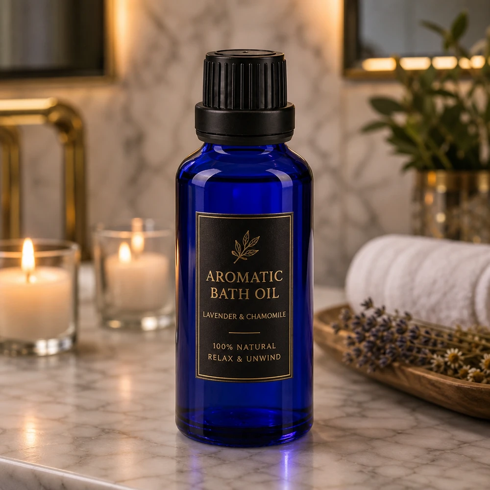 Lille 30 ml apotekerflaske i koboltblå med skruelåg til badeolie med lavendel og kamille