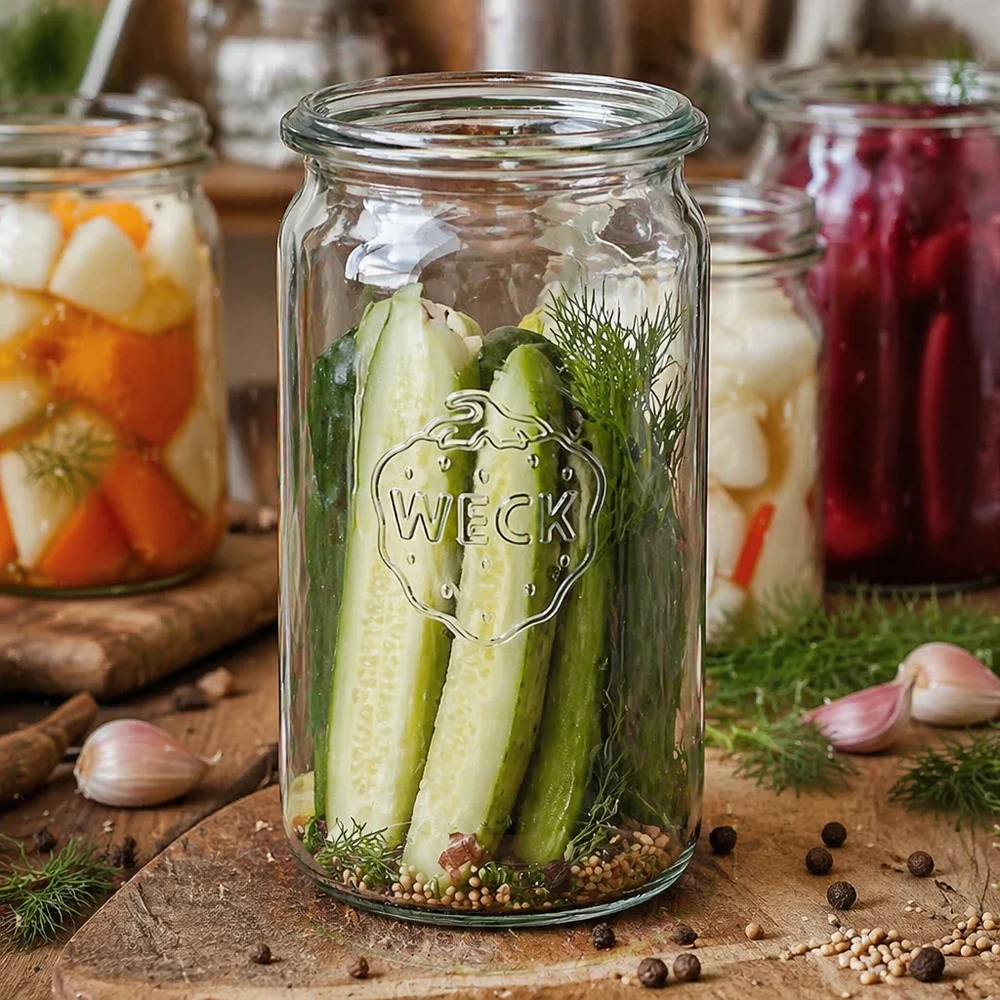 340 ml WECK RR60-glasbeholder WECK cylinderglas 340 ml RR60 med syltet agurk og dild viser alsidig brug til syltning af grøntsager