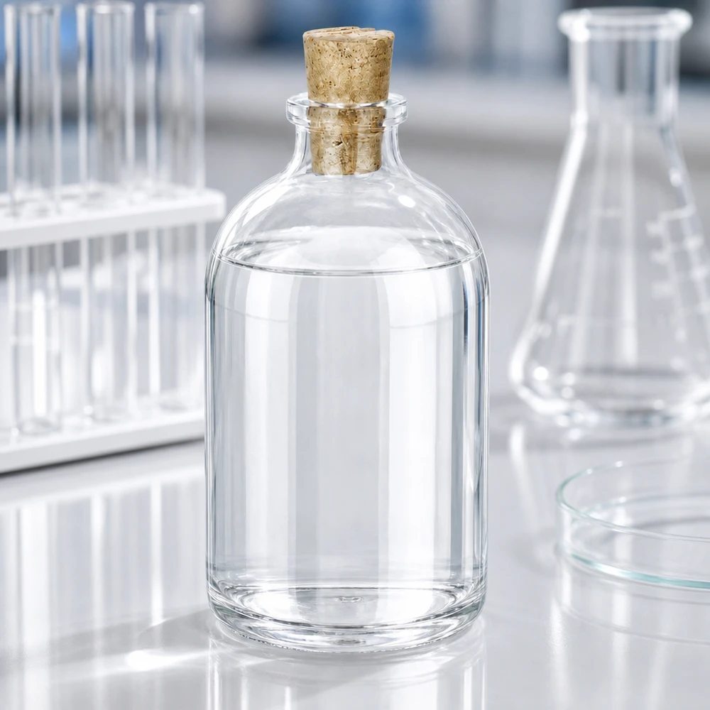 Flaske i klart glas 100 ml med kork 11/14 mm Miniaturflasche Klarglas 100ml mit konischem Korken auf Labortisch