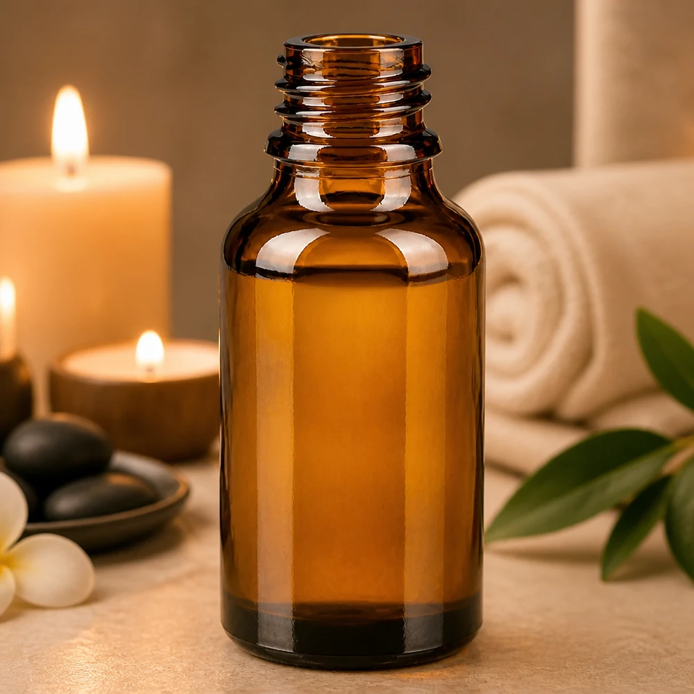 30 ml brun ApoGlas-flaske med wellness-tilbehør, spa-sten, håndklæde og aromaterapi-lys