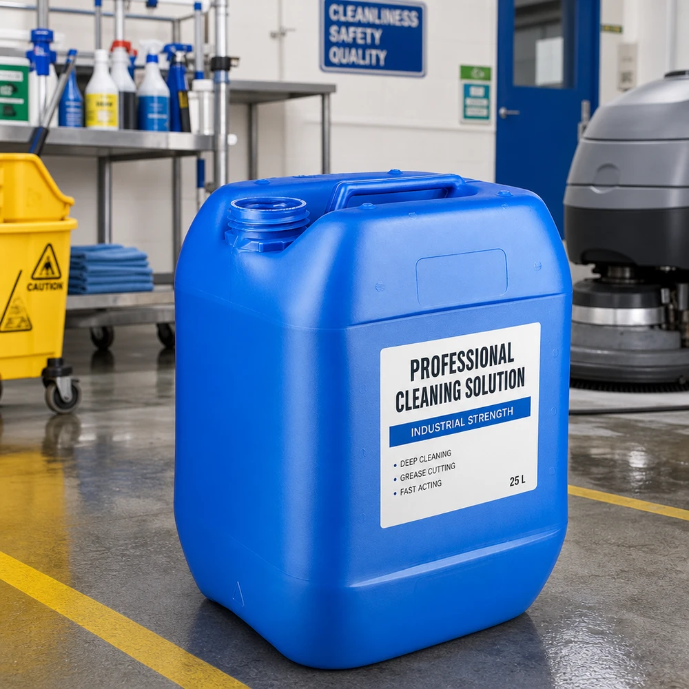 10 liters dunk, blå uden låg Tom blå dunk på 10 liter uden låg i et professionelt rengøringsmiljø