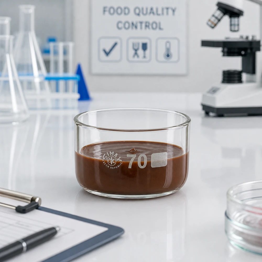 Krystalliseringsskål 100 ml uden tud Borosilikat Krystalliseringsskål på 100 ml med chokolademasse til kontrol af fødevarekvalitet i laboratoriet